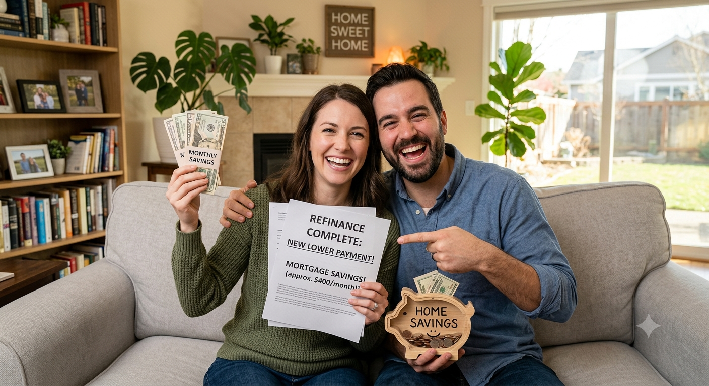 Happy homeowners celebrating refinance savings at home.